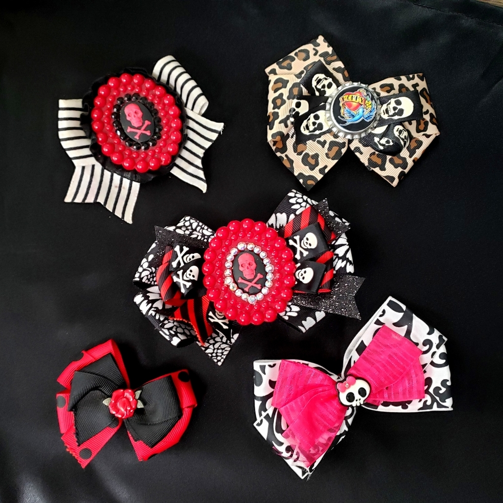Hair bow skull cross bones rose pinup 5 piece bundle hair clip rockabilly punk